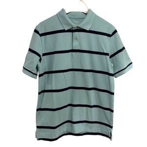 L.L. Bean Men's Blue and Navy Striped Short Sleeved Polo Traditional Fit